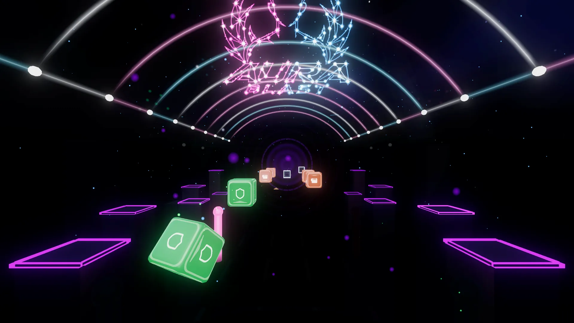 Green shield cubes and orange fist cubes approach along the Aura Rift lane