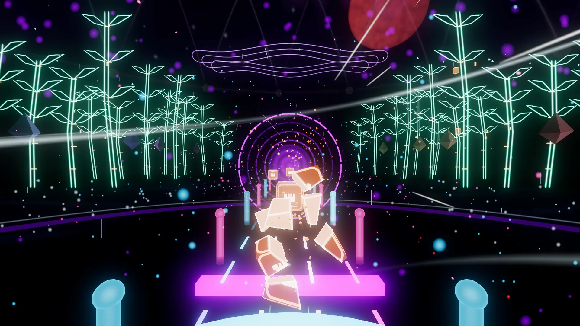 Cubes shatter in front of a neon bamboo forest under a red moon