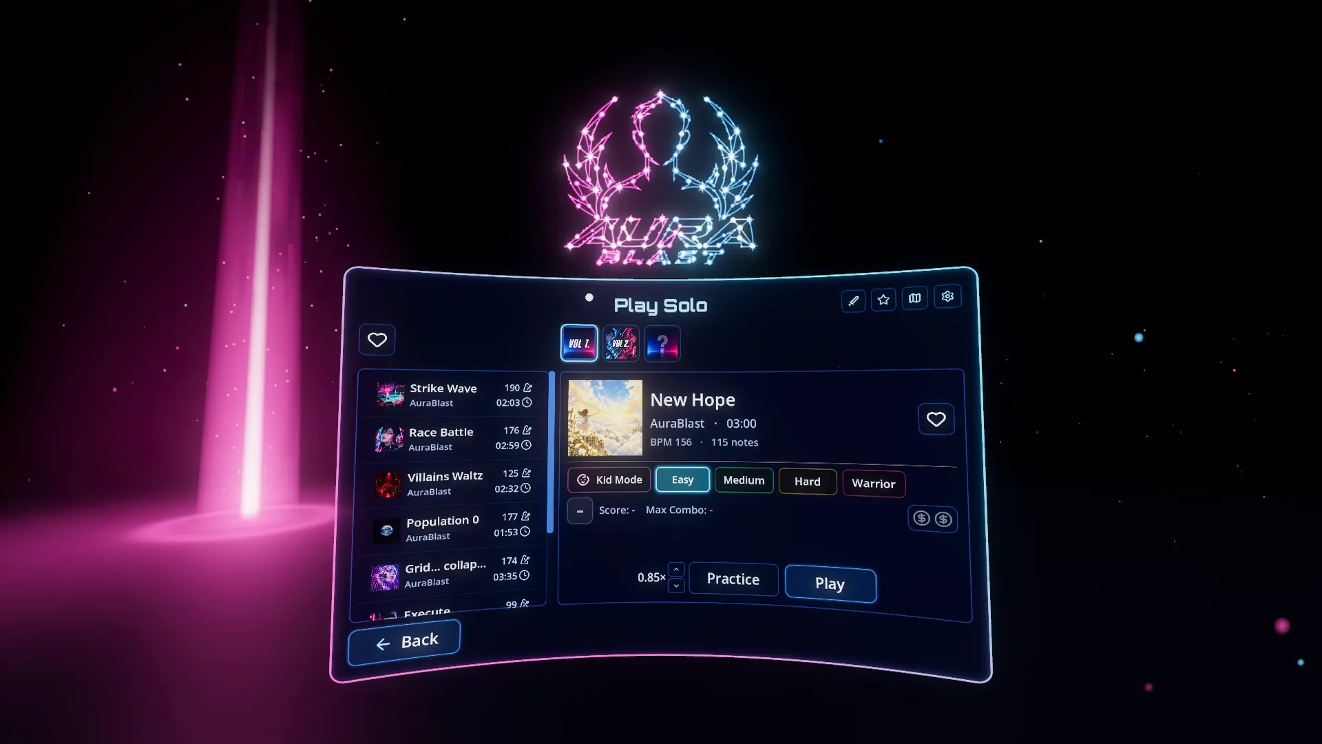 The Play Solo song menu floating in space